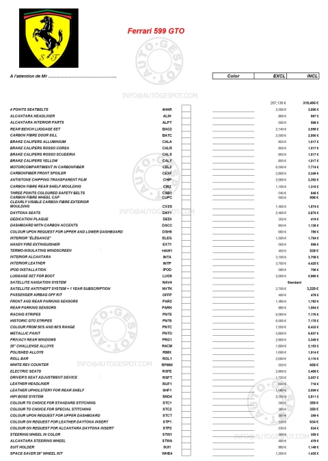 Ferrari 599 GTO Price List