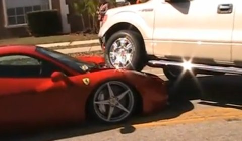 Car Crash Ford F150 Truck Parked on Hood Ferrari 458 Italia