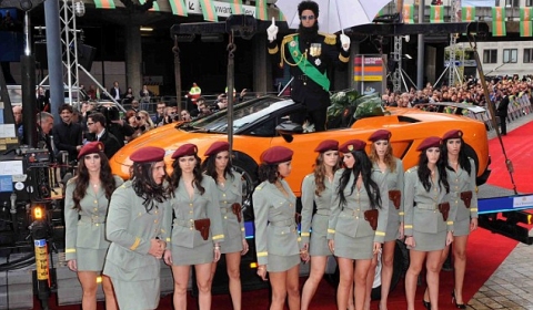 The Dictator Arrives at London Premiere in Gallardo Spyder